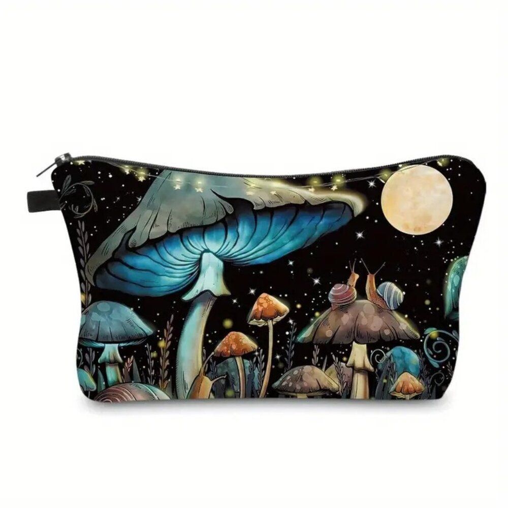 Blue Mushroom & 2 Snails Lightweight Zippered Cosmetic Makeup Bag Double Sided